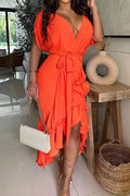 Deep V-Neck Solid Tie Dress with Loose Sleeves Lavish Daily