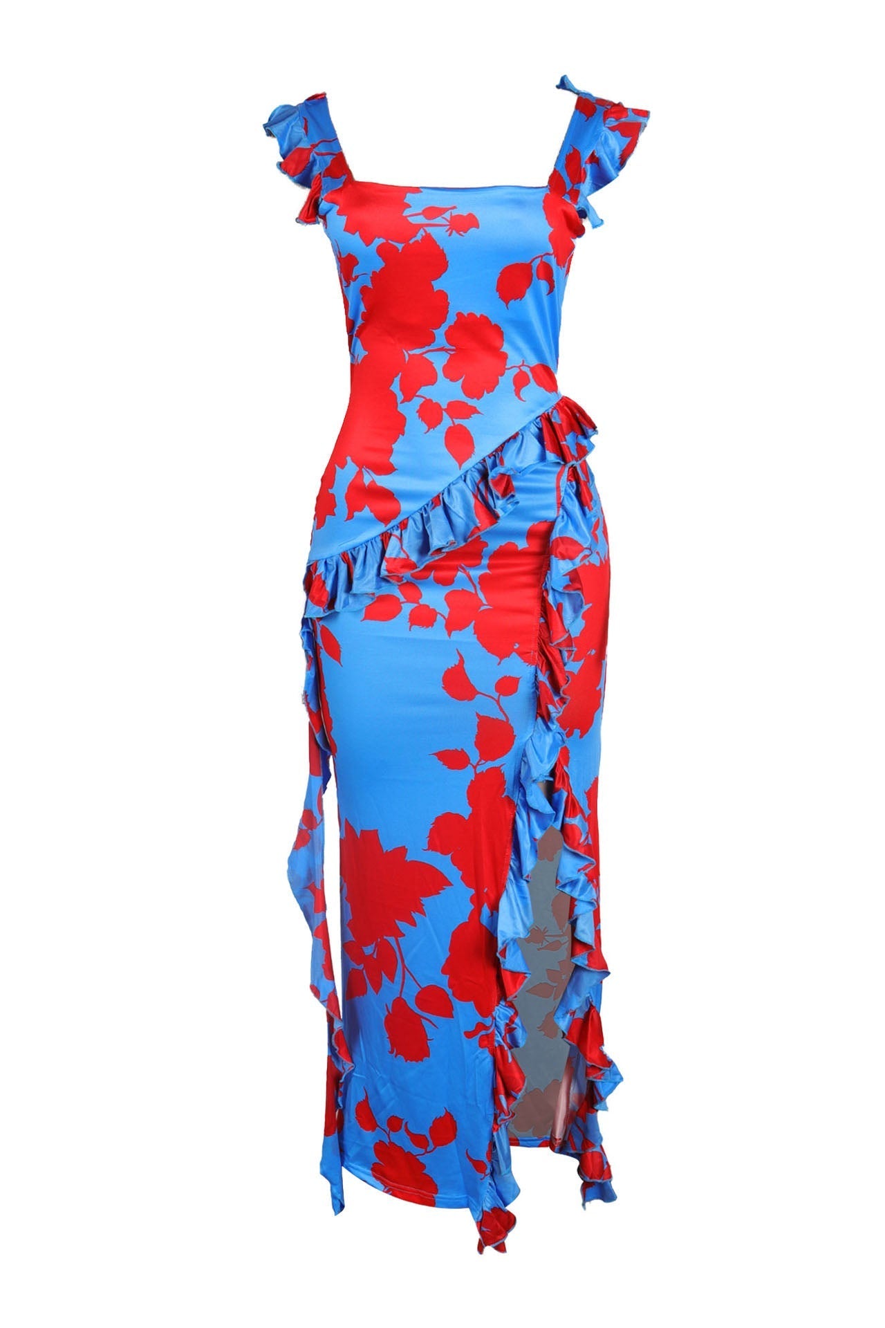Long Strapless Dress With Slits and Tropical Print Lavish Daily