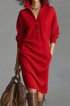 Solid Collared Button Pocket Knit Midi Dress LavishDaily