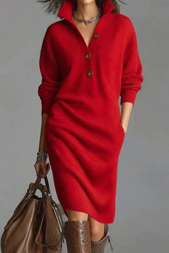 Solid Collared Button Pocket Knit Midi Dress LavishDaily