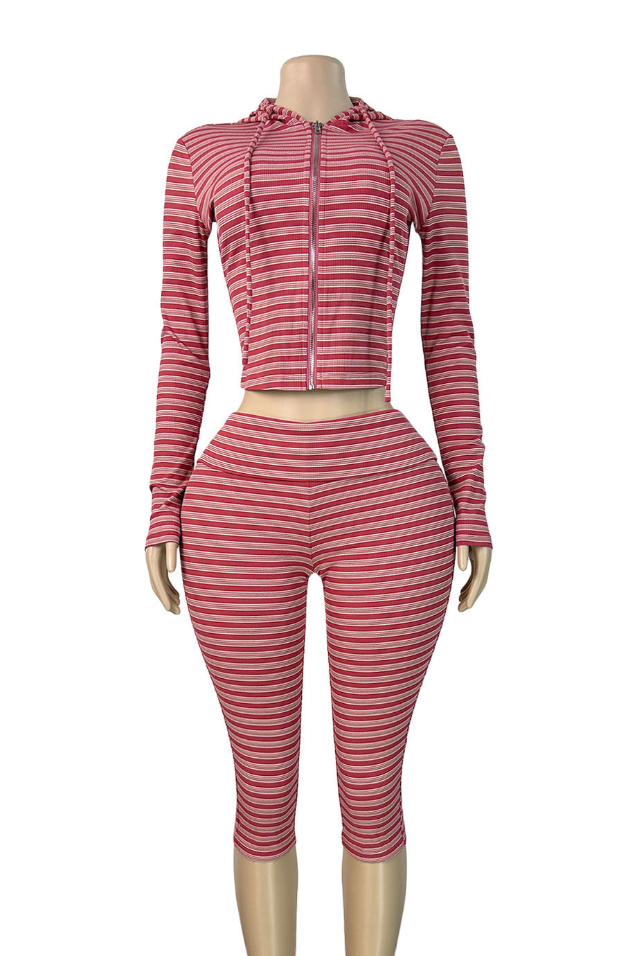 Striped Zip Hoodie & Foldover Capri Pants Set Lavish Daily