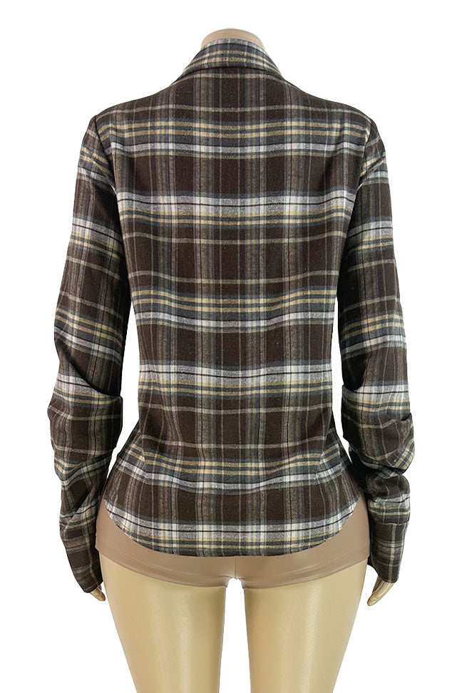 Plaid V-Neck Fold-Sleeve Split Hem Top Lavish Daily