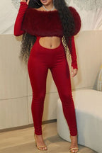 Off Shoulder Faux Fur Crop Jumpsuit Lavish Daily