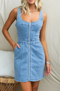 Zip Up Wide Strap Wash Denim Dress Lavish Daily