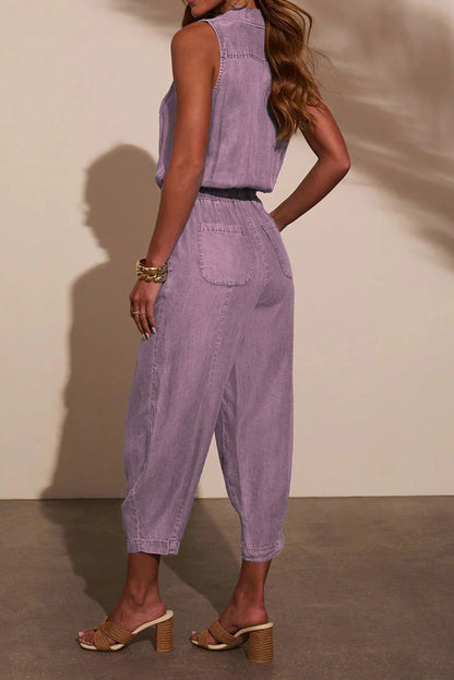 Sleeveless Drawstring Denim Utility Jumpsuit Lavish Daily