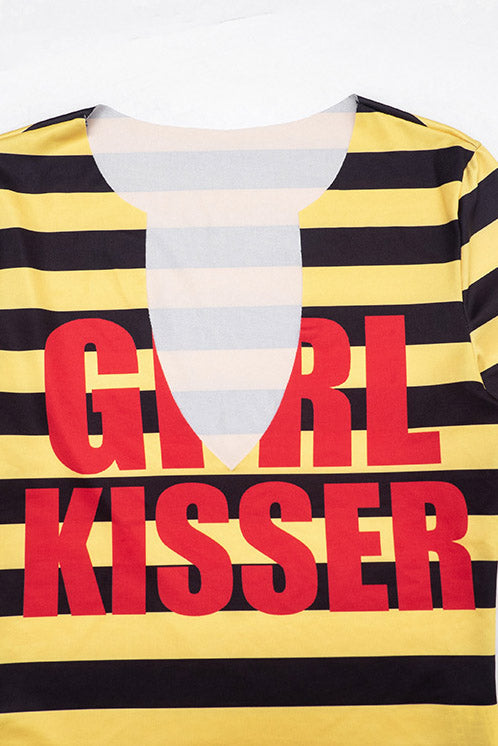 Striped Graphic V-Neck Long-Sleeve Crop Top Lavish Daily