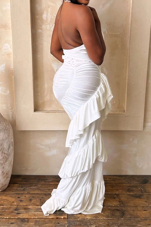 Plunging Halter Ruched Tiered Ruffle Maxi Dress Lavish Daily