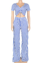 Striped Print V Neck Short Sleeve Two Piece Set Lavish Daily