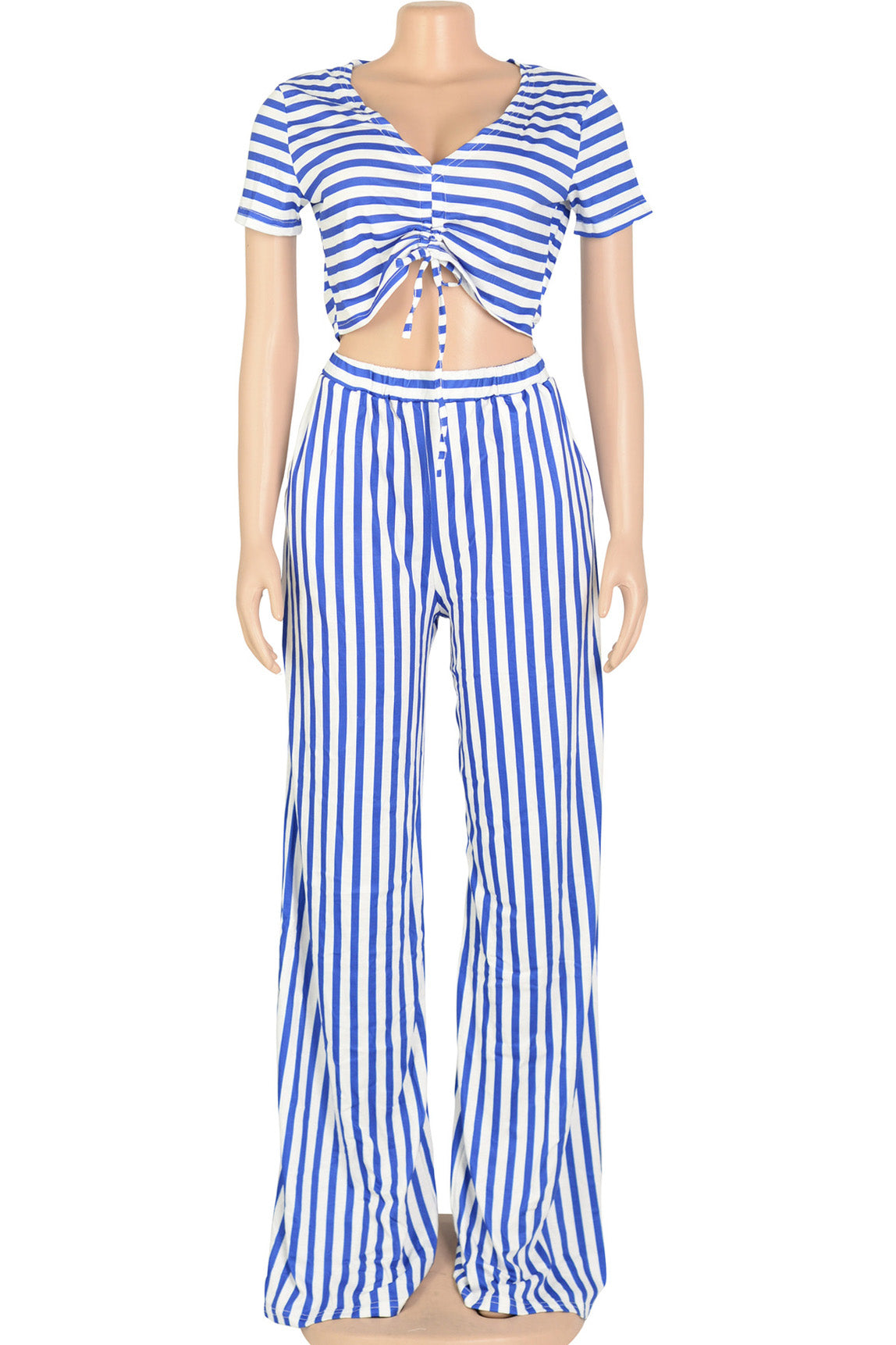 Striped Print V Neck Short Sleeve Two Piece Set Lavish Daily