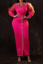 Rhinestone V-Neck Puff Sleeve Maxi Dress Lavish Daily