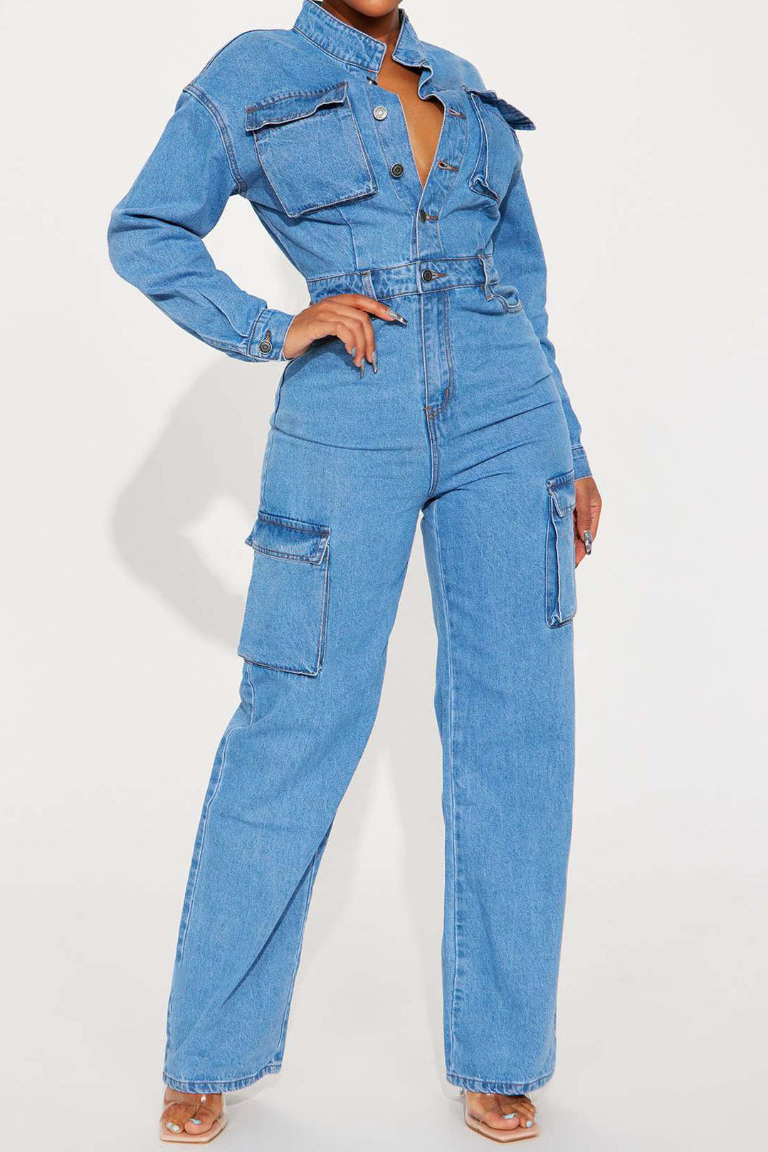 Long Sleeve Denim Cargo Pocket Jumpsuit Lavish Daily