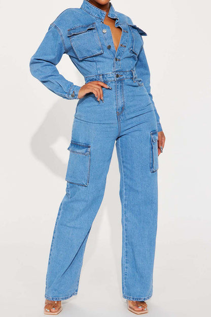 Long Sleeve Denim Cargo Pocket Jumpsuit Lavish Daily