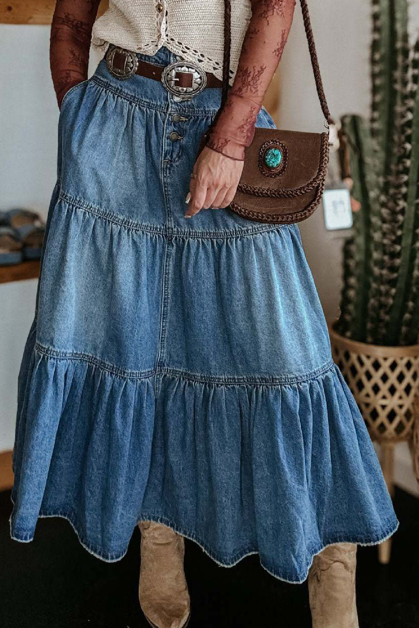 Front Button 3 Tiered Denim Skirt Lavish Daily