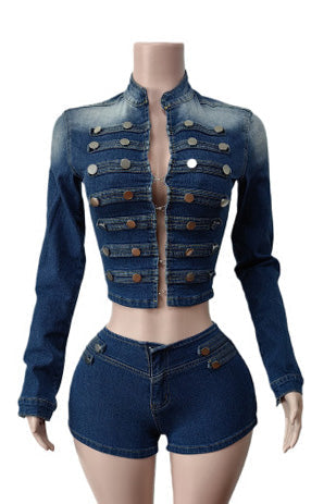 Military Denim Jacket & Shorts Set Lavish Daily