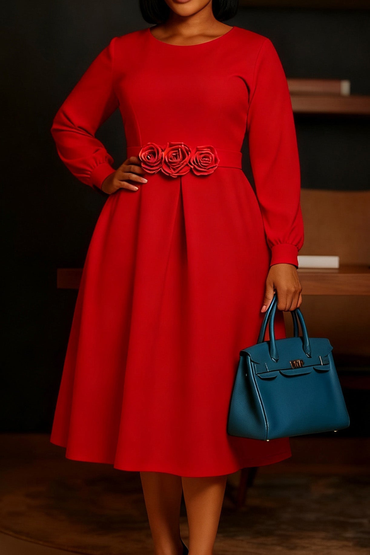 3D Floral Long Sleeve Dress-Elegant Style Lavish Daily