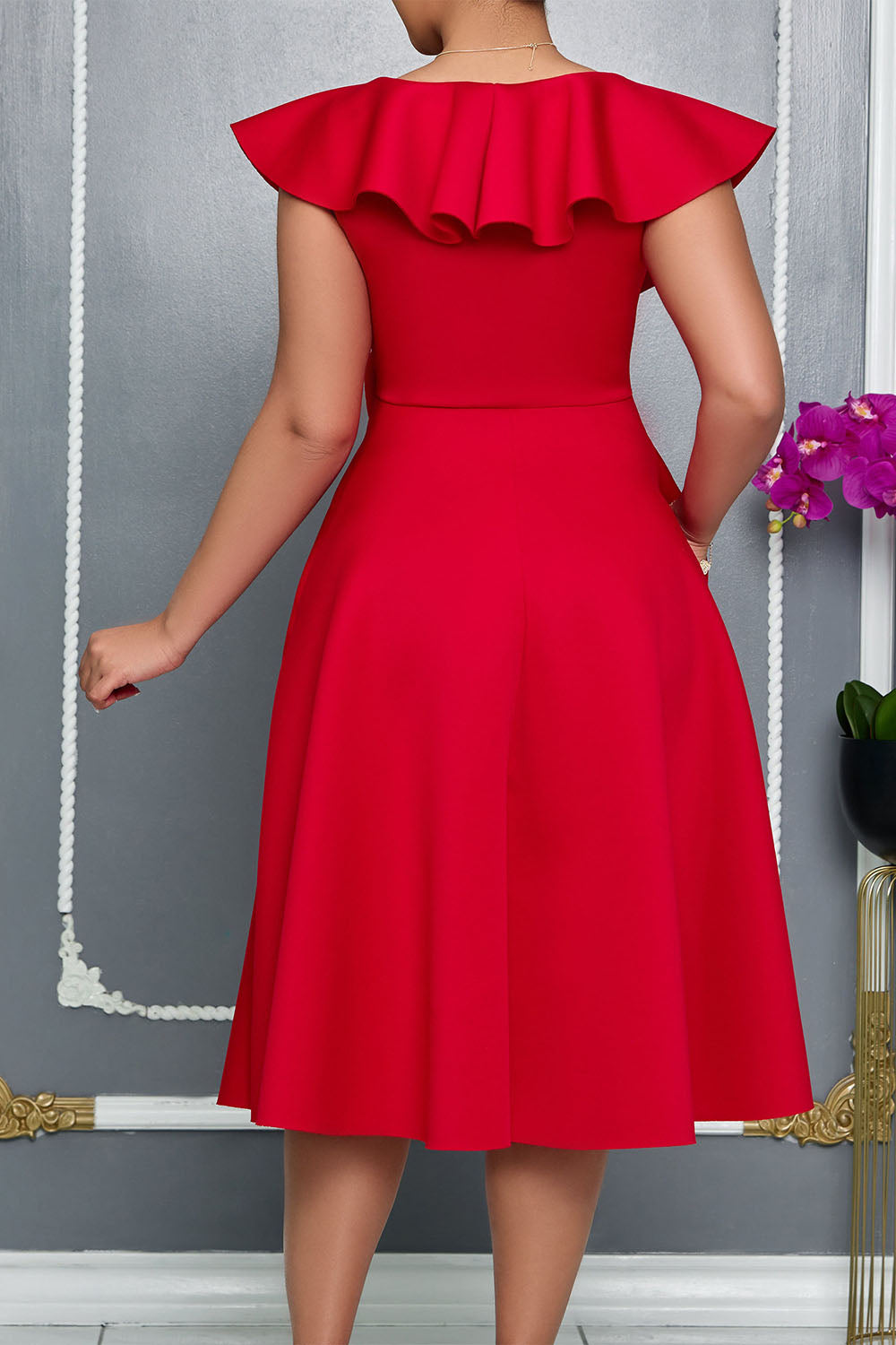 V-Neck Ruffled 3D Flower Detail Flare Midi Dress Lavish Daily