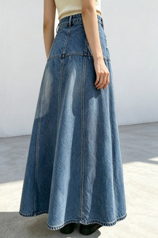 Button-Front A-Line Denim Maxi Skirt Lavish Daily