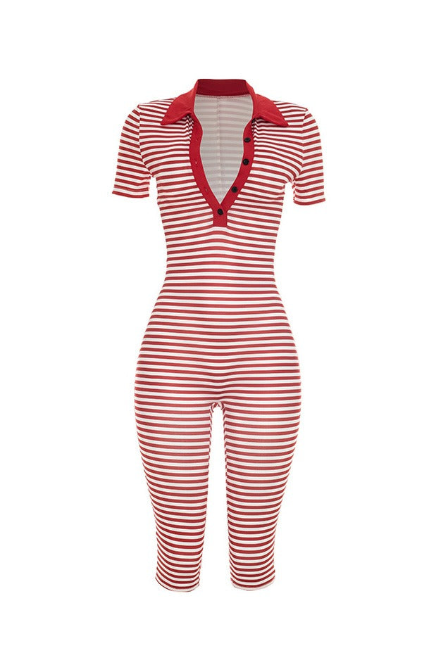 Striped Collared Bodycon Jumpsuit LavishDaily