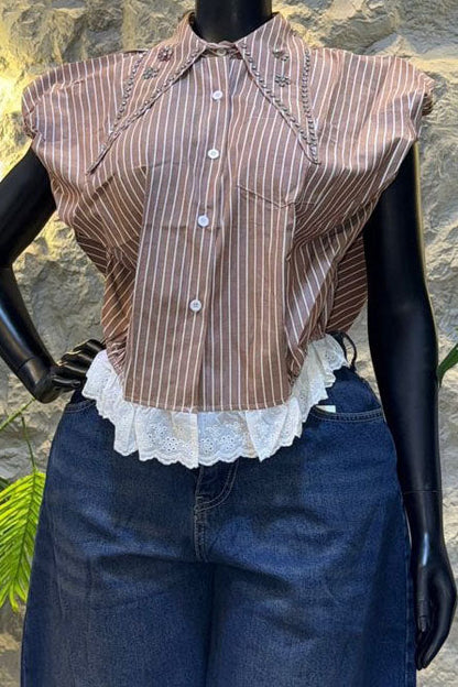 Embellished Collar Striped Blouse Lavish Daily
