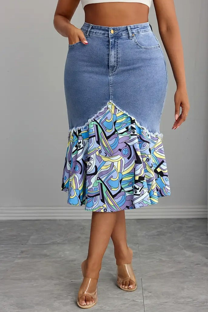Plus Size Floral Patchwork Denim Skirt Lavish Daily