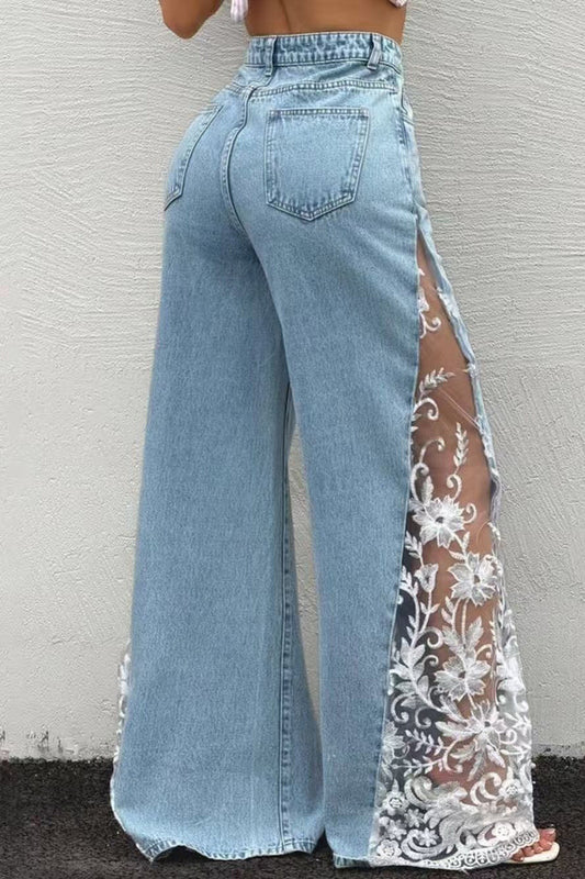 High-Waisted Lace Insert Wide Leg Jeans Lavish Daily
