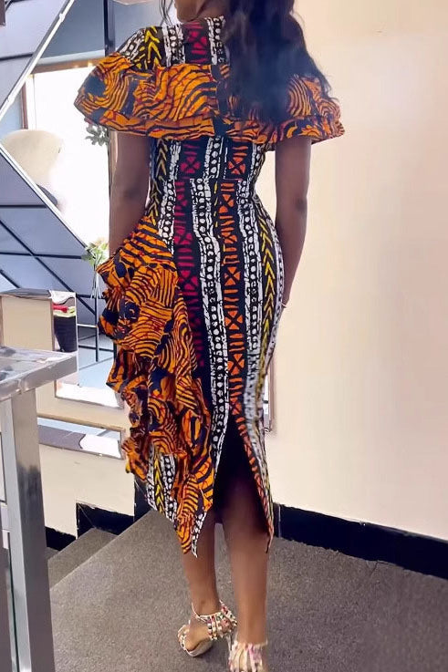 Print Contrast Ruffle Back-Vent Dress Lavish Daily