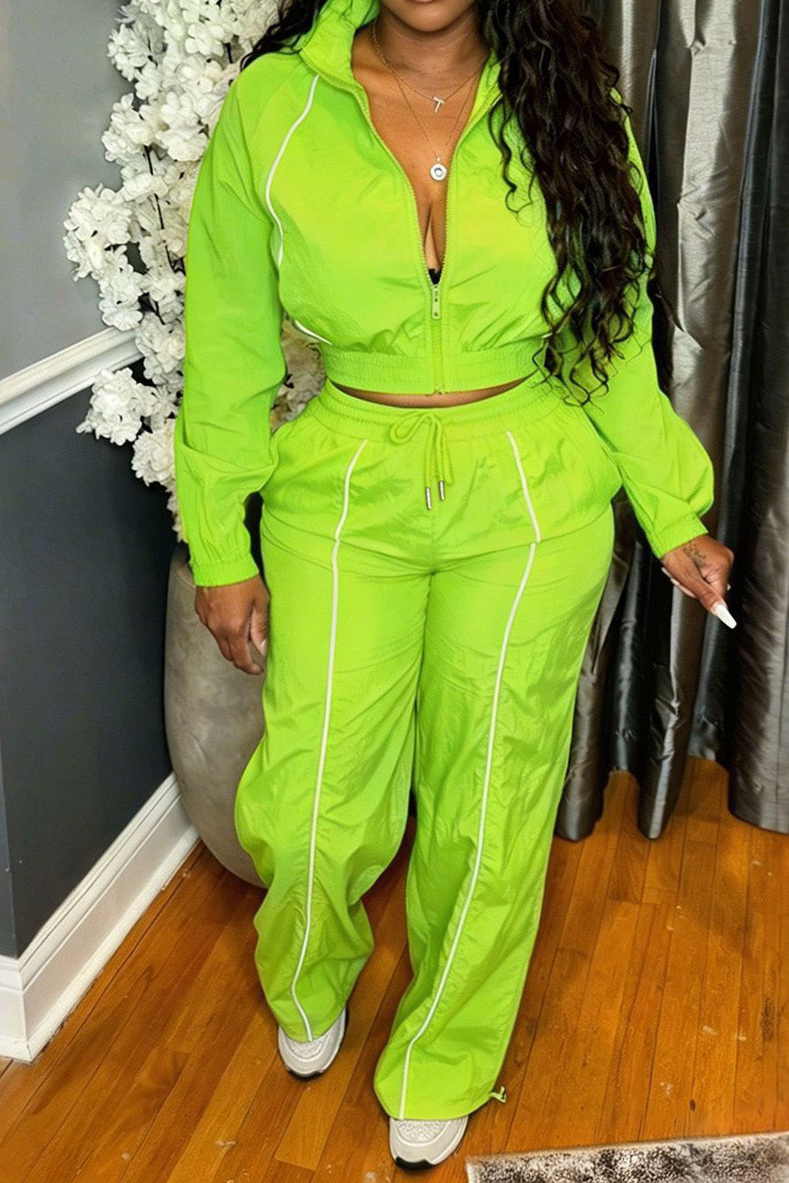 Zip-Front Piped Top & Wide-Leg Pants Set Lavish Daily