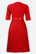 Solid Belted Pleated Dress Lavish Daily