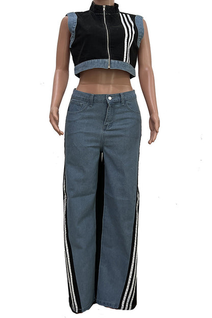 Striped Cropped Top Denim Pant Sets Lavish Daily