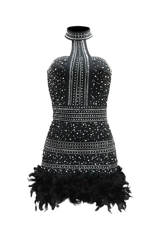 Rhinestone Halter Feather Trim Mini Dress Lavish Daily