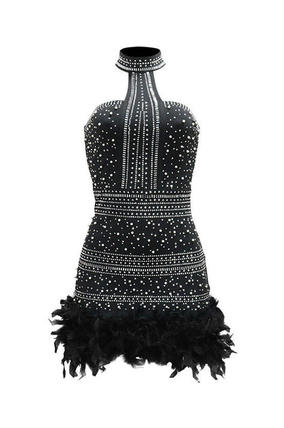 Rhinestone Halter Feather Trim Mini Dress Lavish Daily