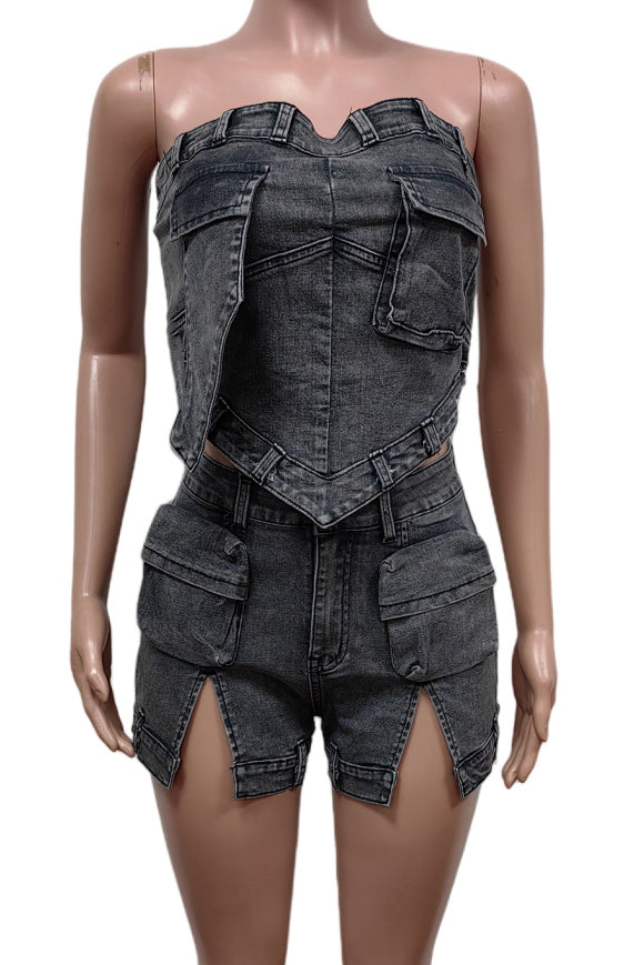 Denim Slit Elastic Shorts Set Lavish Daily