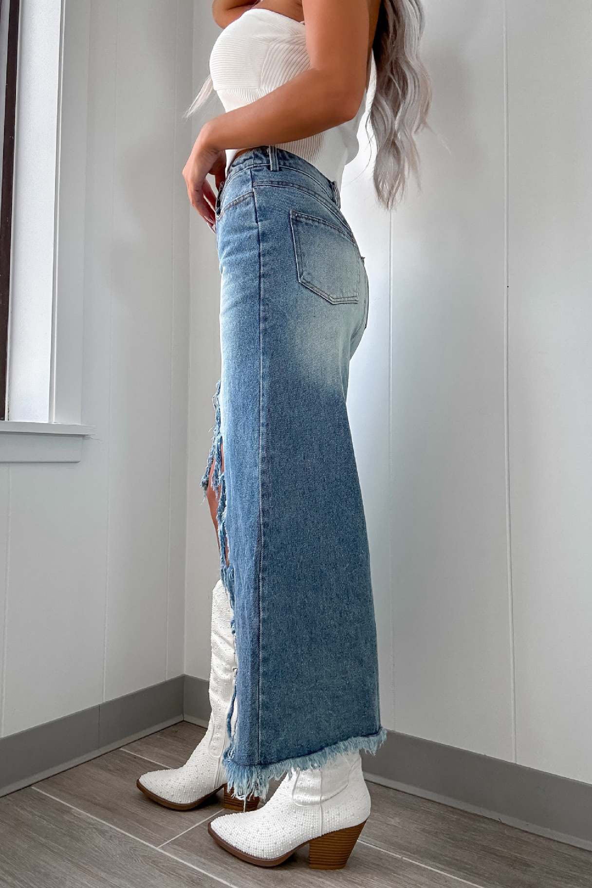 Distressed Irregular Tassel High Waist Denim Skirt Lavish Daily
