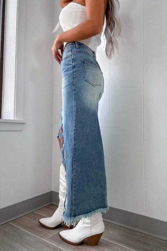 Distressed Irregular Tassel High Waist Denim Skirt Lavish Daily