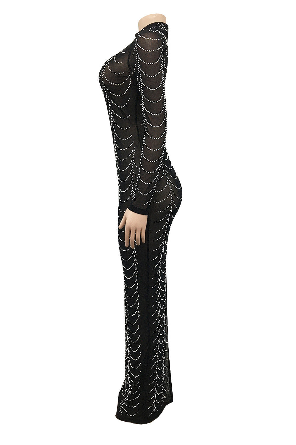 Rhinestone Long-Sleeve Sheer Maxi Dress Lavish Daily