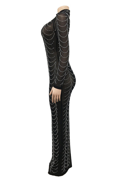 Rhinestone Long-Sleeve Sheer Maxi Dress Lavish Daily
