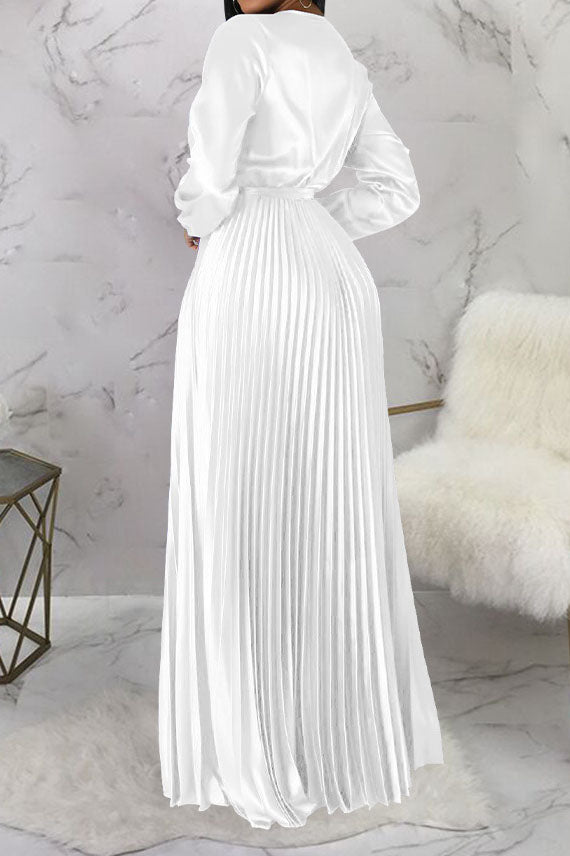 Faux Silk Pleated Tie-Waist Maxi Dress Lavish Daily