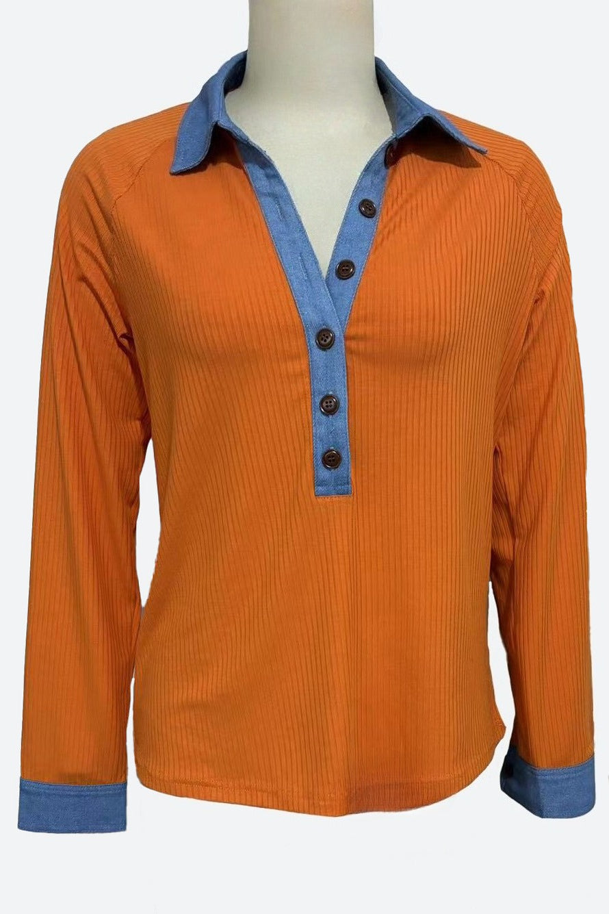 Denim Collar Long Sleeve Knit Pullover Top Lavish Daily