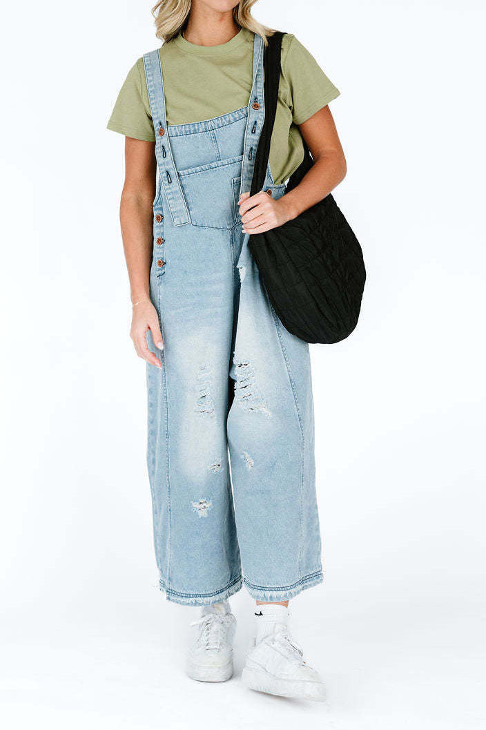 Loose Fit Distressed Denim Overalls Lavish Daily