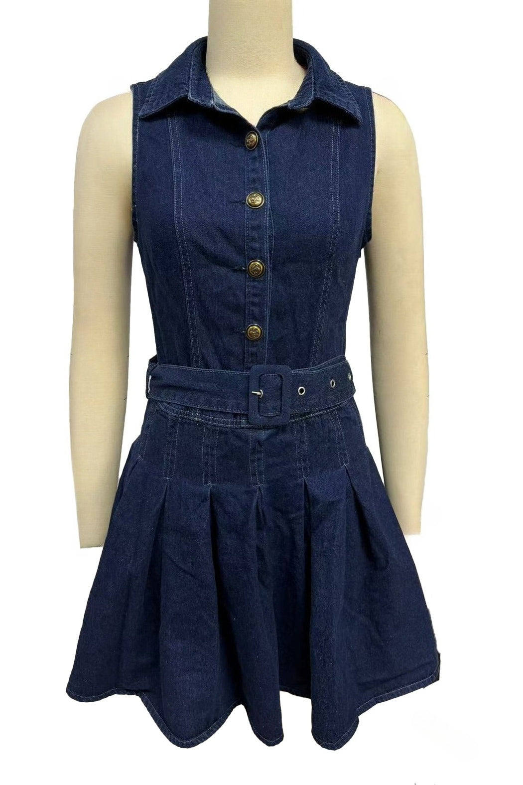 Belted Pleated Denim Mini Dress Sleeveless Lavish Daily