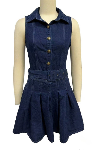 Belted Pleated Denim Mini Dress Sleeveless Lavish Daily