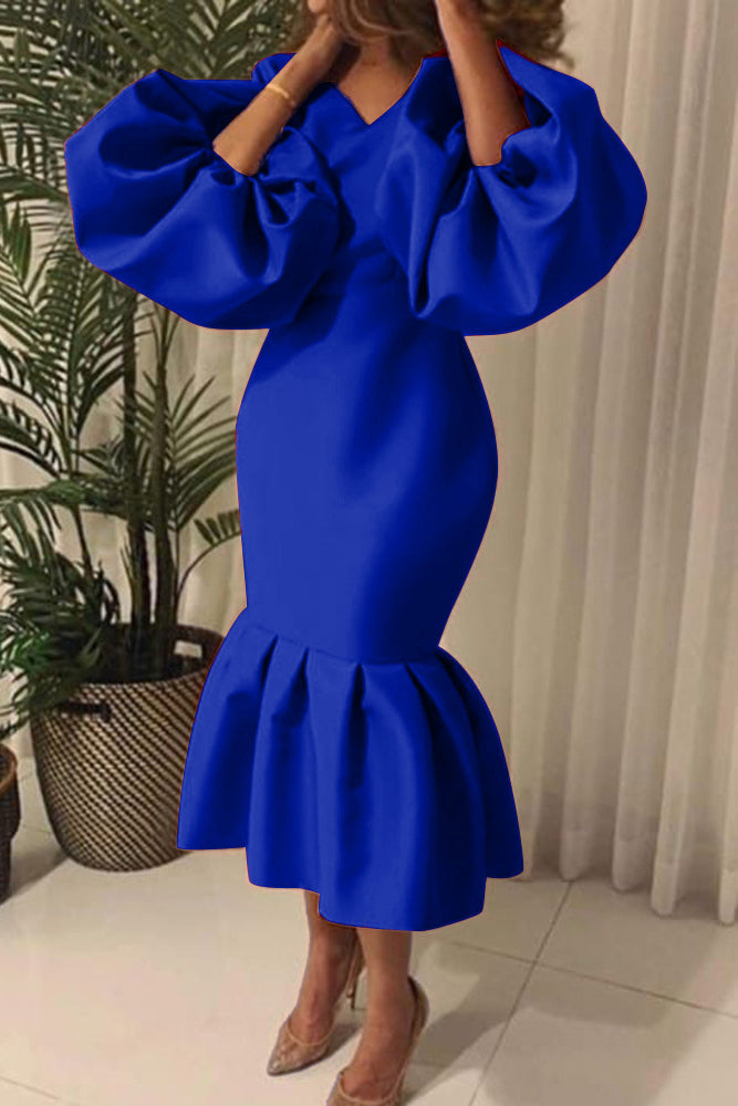 Plus Size Solid Color Puff Sleeve Flounce Dress Lavish Daily