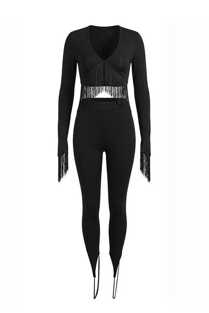 Fringe Crop Top & Stirrup Leggings Set Lavish Daily