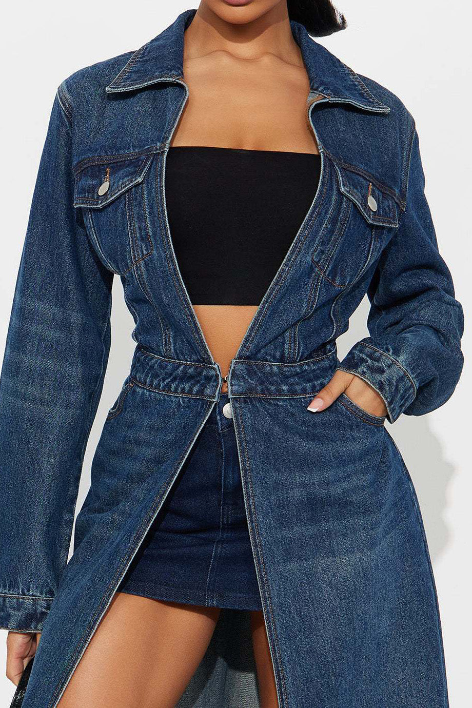 Long Sleeve Denim Trench Cardigan Lavish Daily