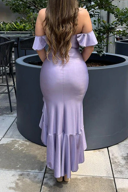 Off Shoulder Ruffle Slit Asym Bodycon Dress Lavish Daily