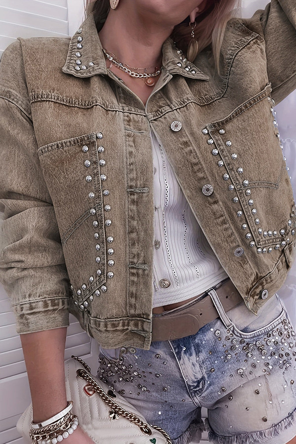 Rivet Studded Pocketed Denim Jacket Lavish Daily