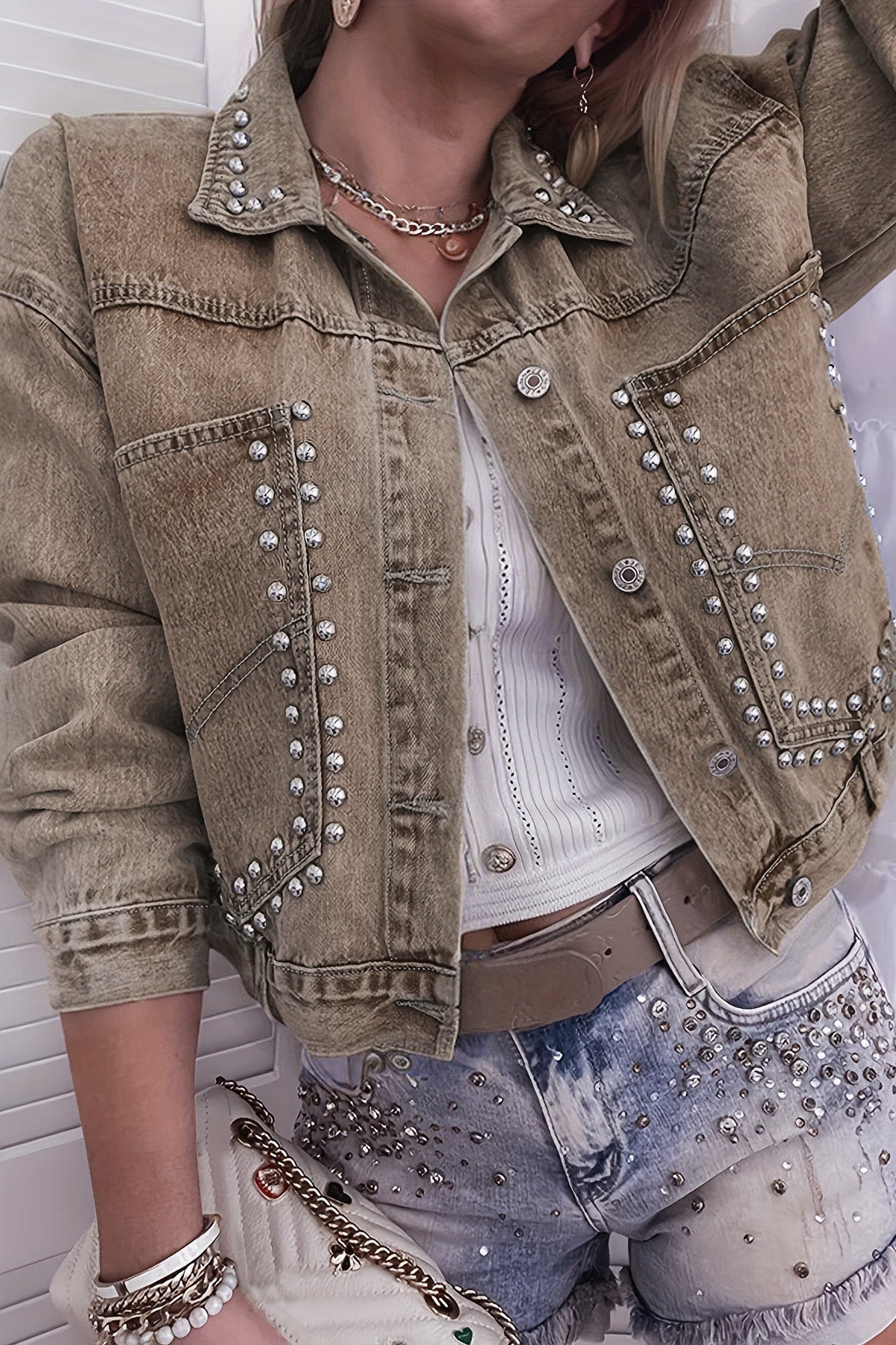 Rivet Studded Pocketed Denim Jacket Lavish Daily