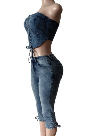 Denim Corset Top Lace-Up & Mid-Thigh Shorts Set Lavish Daily