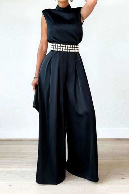 Sleeveless Mock Neck Pleated Wide Leg Jumpsuit Lavish Daily