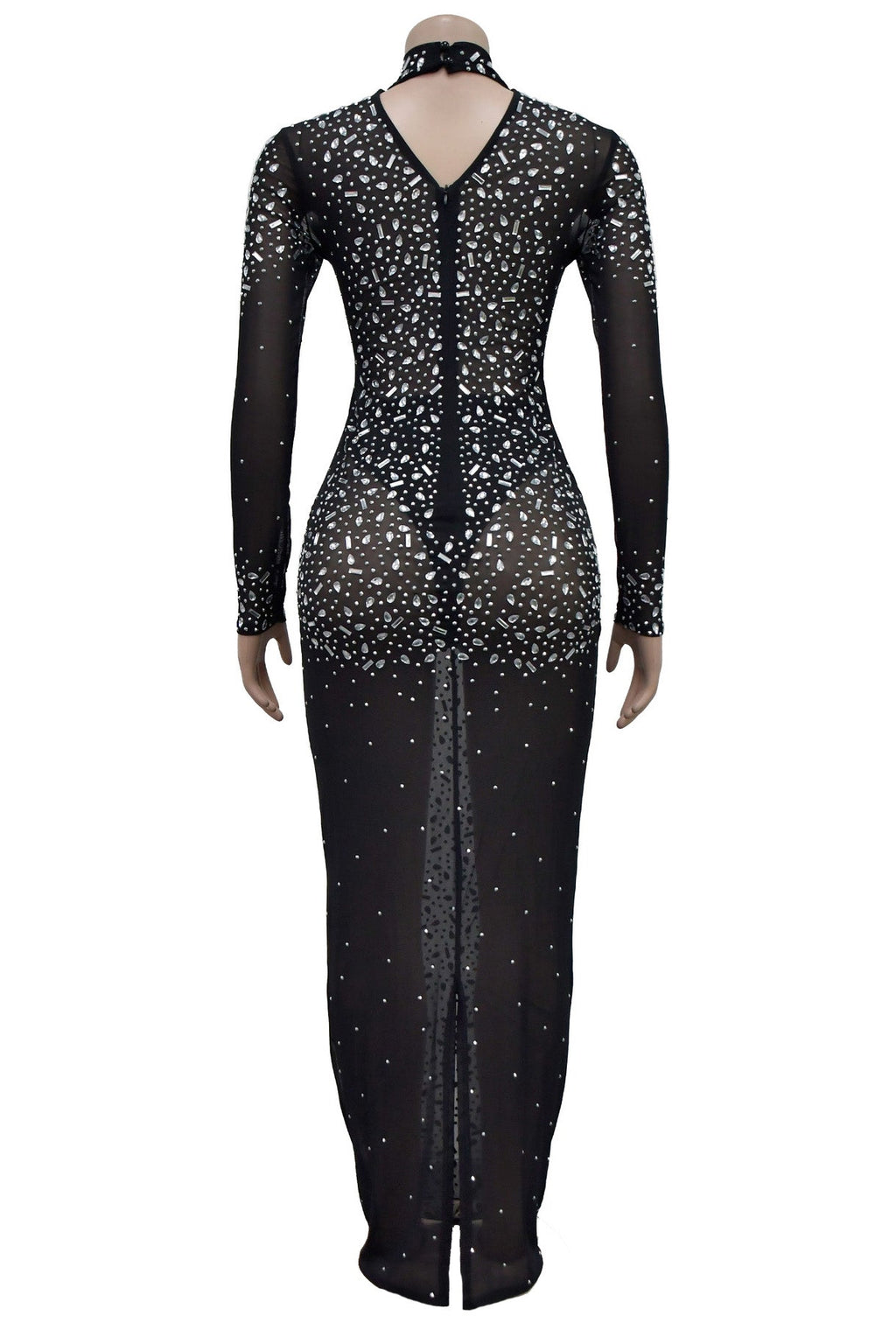 Mesh Rhinestone Long Sleeve Maxi Dress Lavish Daily